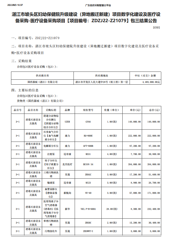 湛江市坡頭區(qū)婦幼保健院升級建設(shè)（異地搬遷新建）項(xiàng)目數(shù)字化建設(shè)及醫(yī)療設(shè) 備采購-醫(yī)療設(shè)備采購項(xiàng)目【項(xiàng)目編號：ZDZJ22-Z21079】包三結(jié)果公告(圖1)